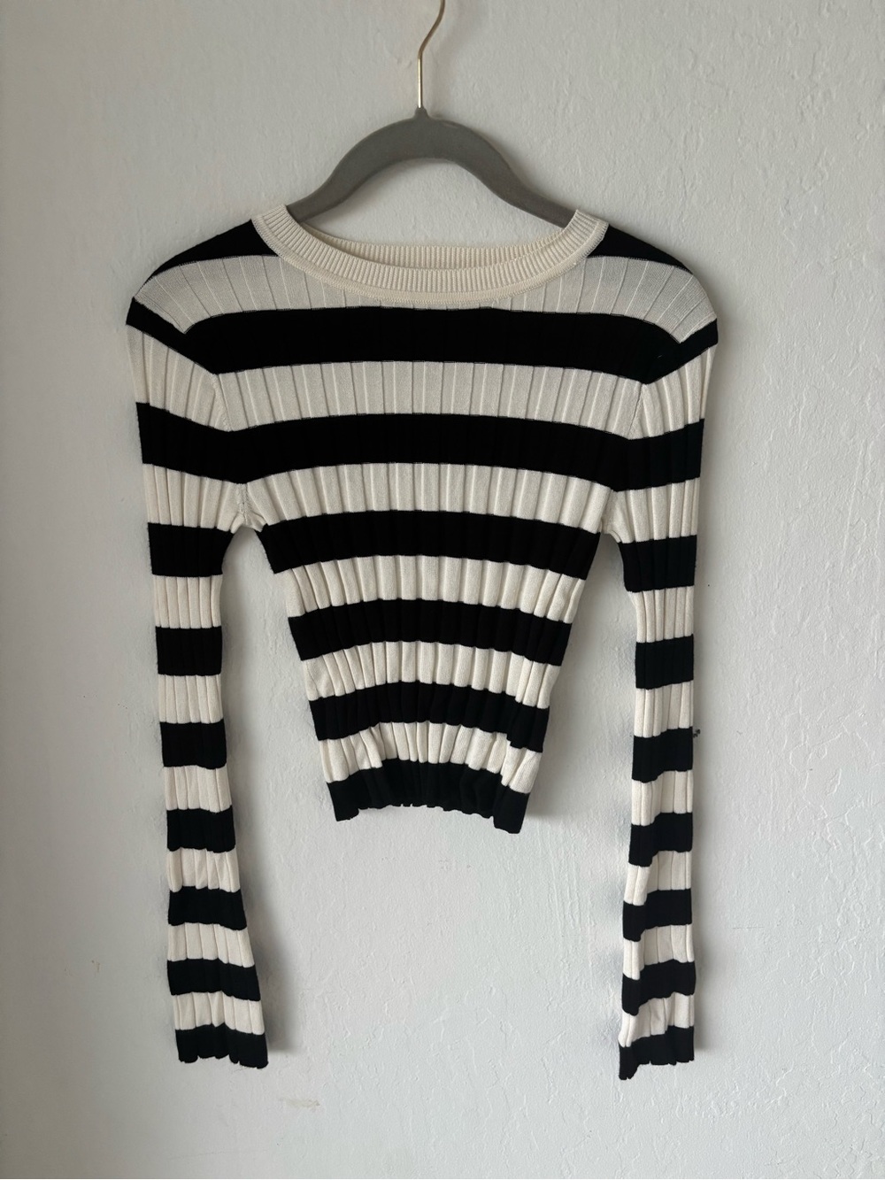 Black & Cream Bold Striped Ribbed Long Sleeve Top XS